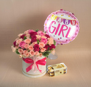 Baby Girl Gift Set – Flowers, Balloon & Chocolates | Smile Forever