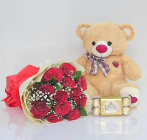 red roses bouquet teddy